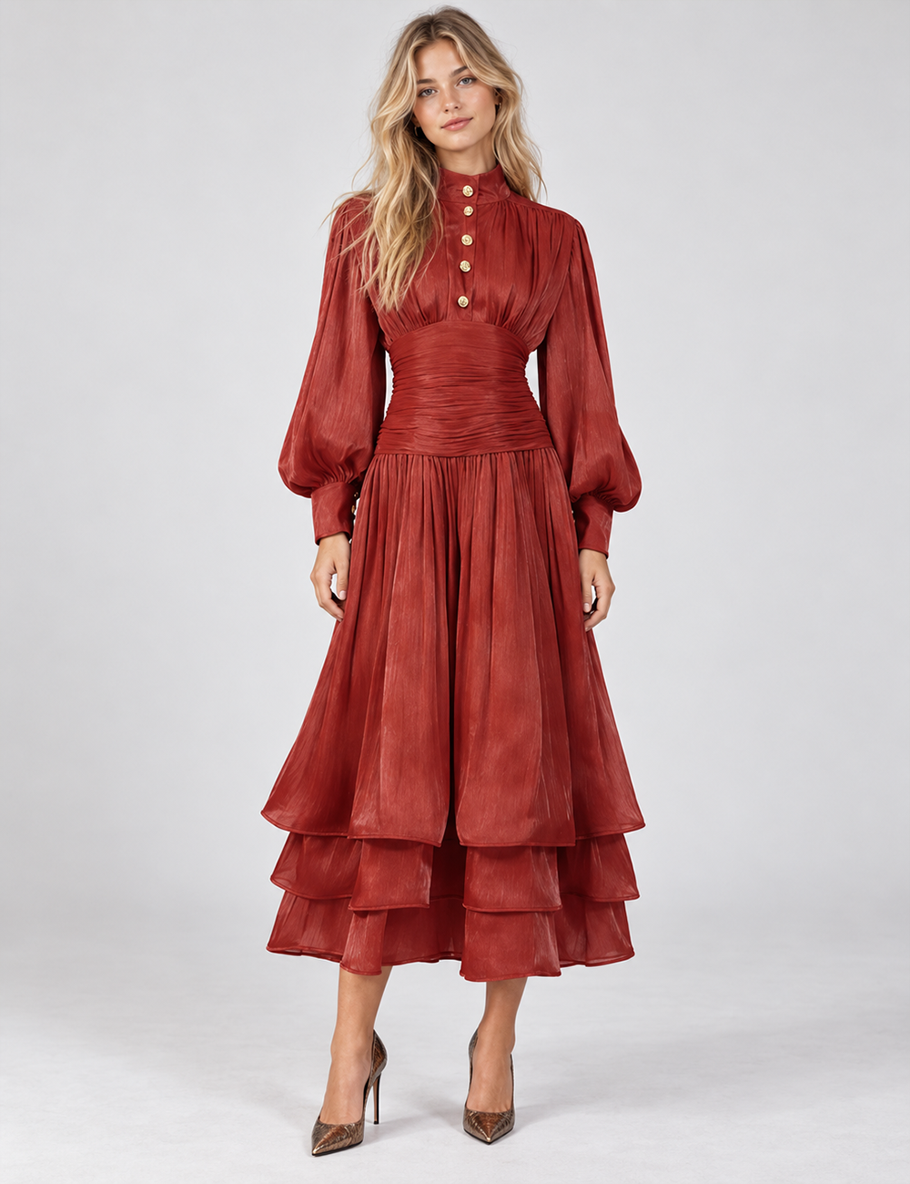 Ladies Puff Sleeves Ruched Button Tiered Midi Dress