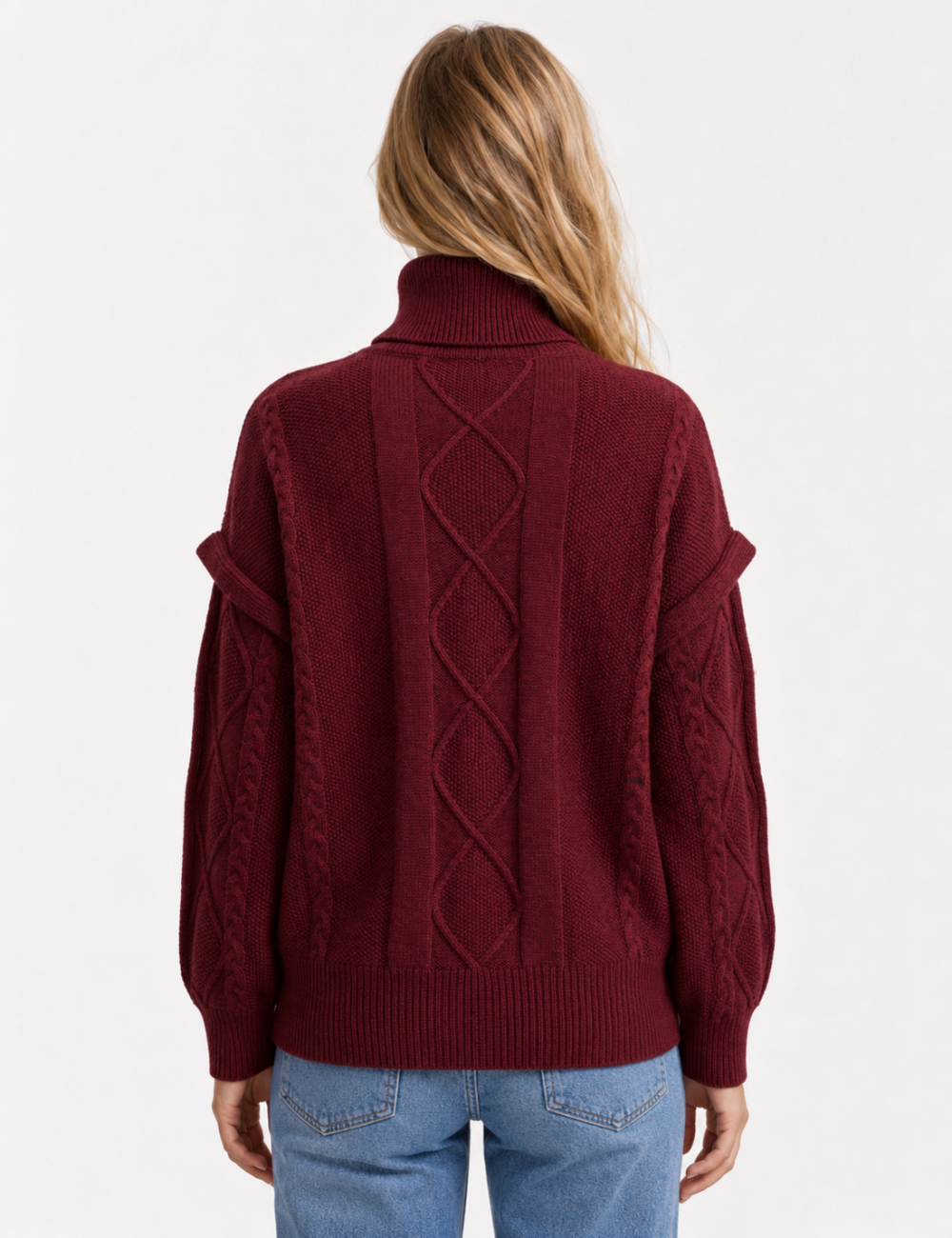 Ladies Turtleneck Cable Knit Drop Shoulder Sweater