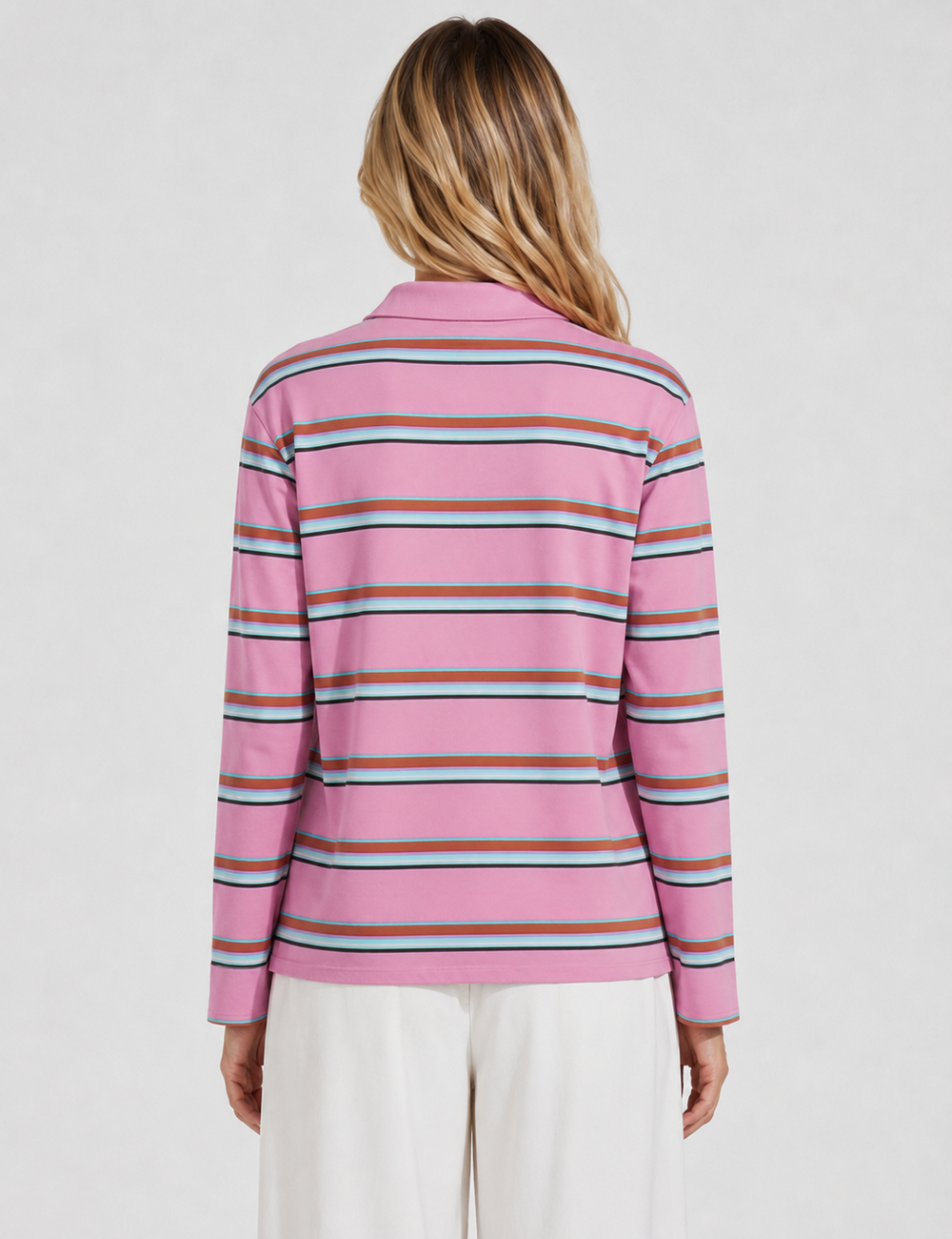 Ladies Casual Striped Polo Collar Long Sleeves Top