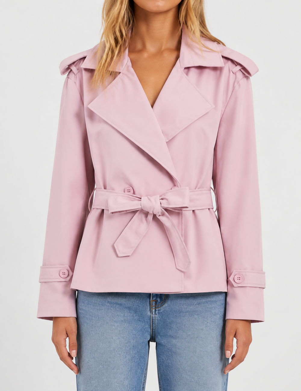Ladies Lapel Collar Belted Short Trench Coat
