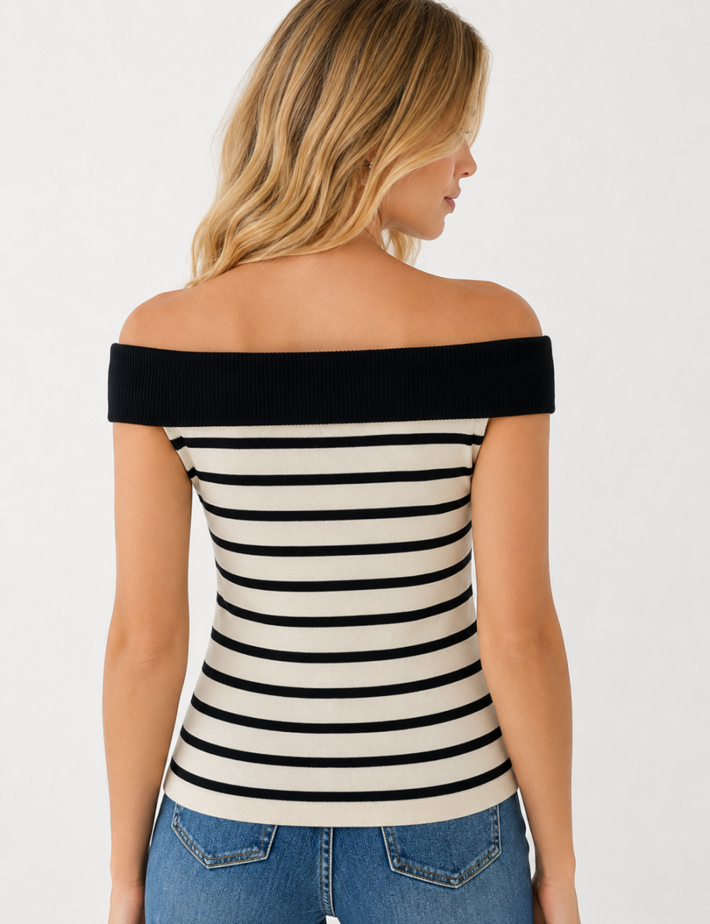 Ladies Off Shoulder Striped Button Detail Knit Top