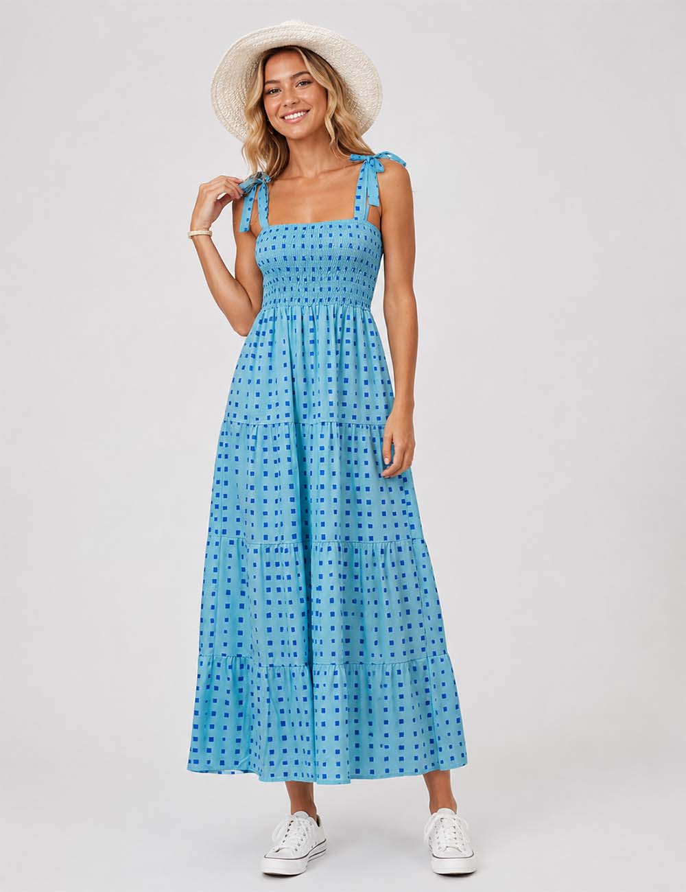 Ladies Abstract Print Smocked Tie Strap Square Neck Midi Dress