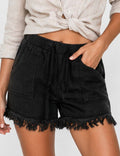 Ladies Solid Color Drawstring Waist Frayed Hem Denim Shorts