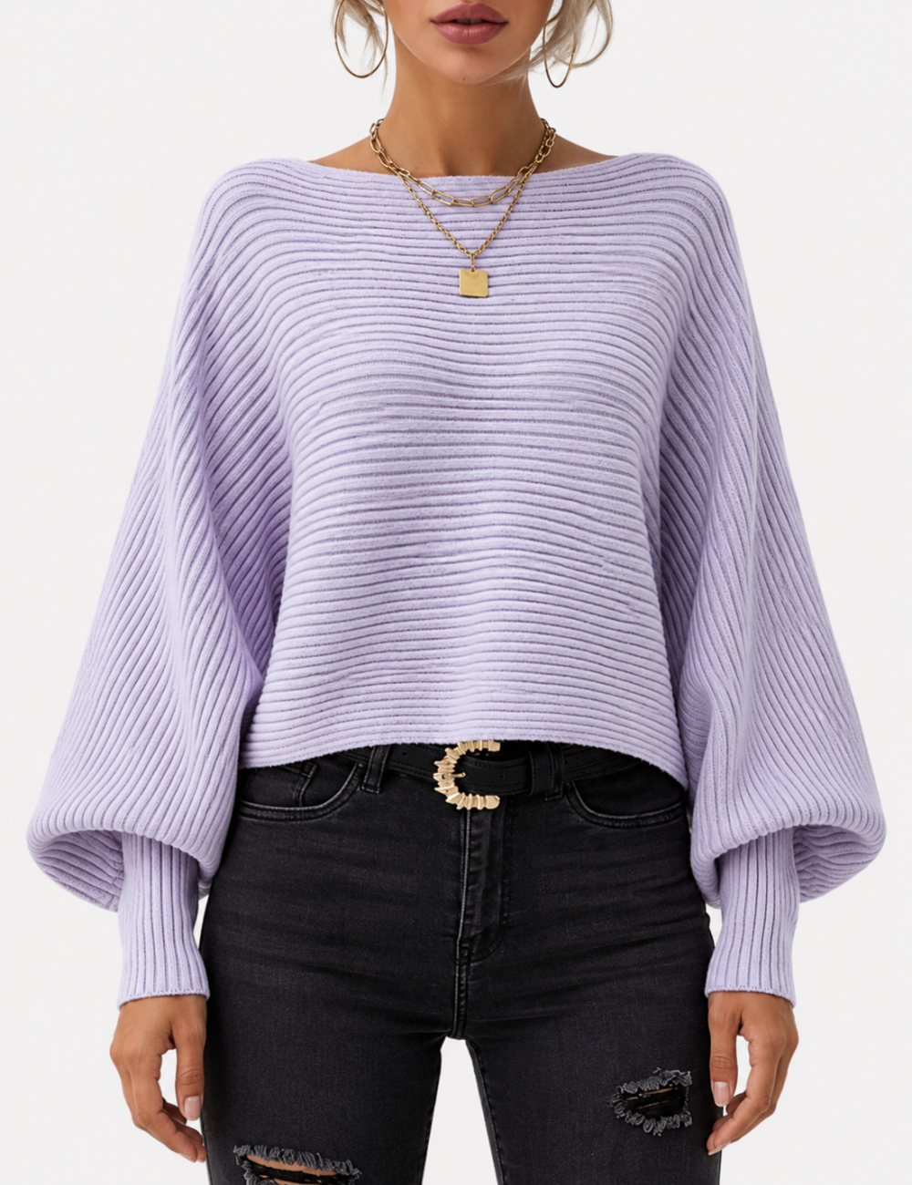 Ladies Solid Boat Neck Collar Sleeve Sweater