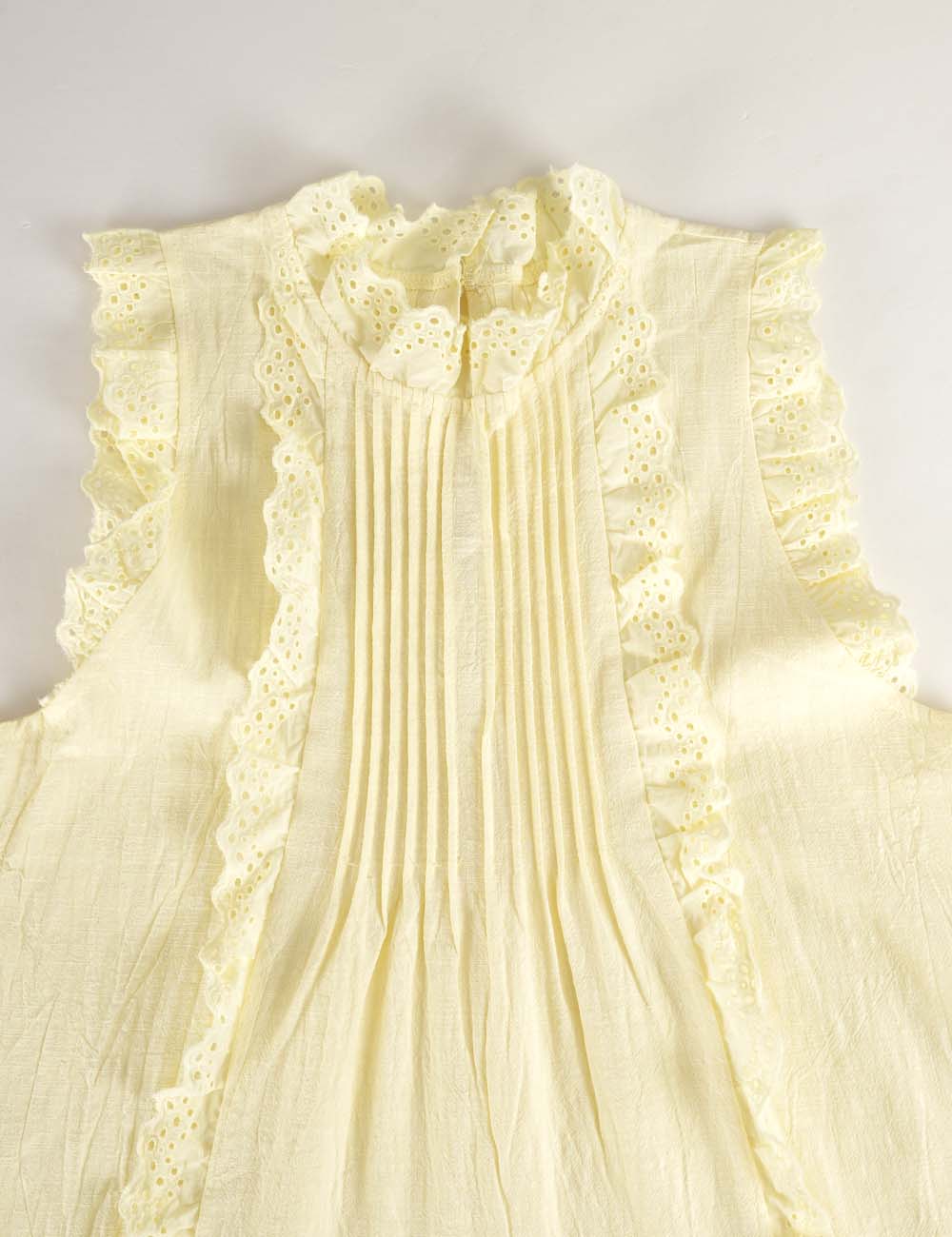 Ladies Boho Eyelet Lace Pleated Round Neck Sleeveless Babydoll Top