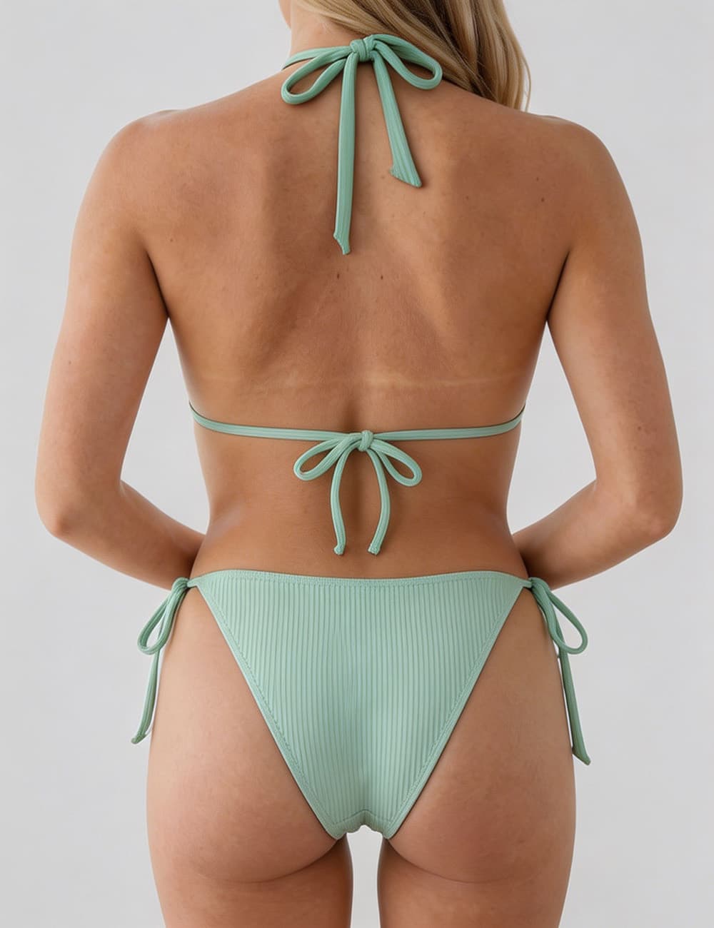 Ladies Ribbed Beaded Halter Triangle 2 Piece Bikini Set