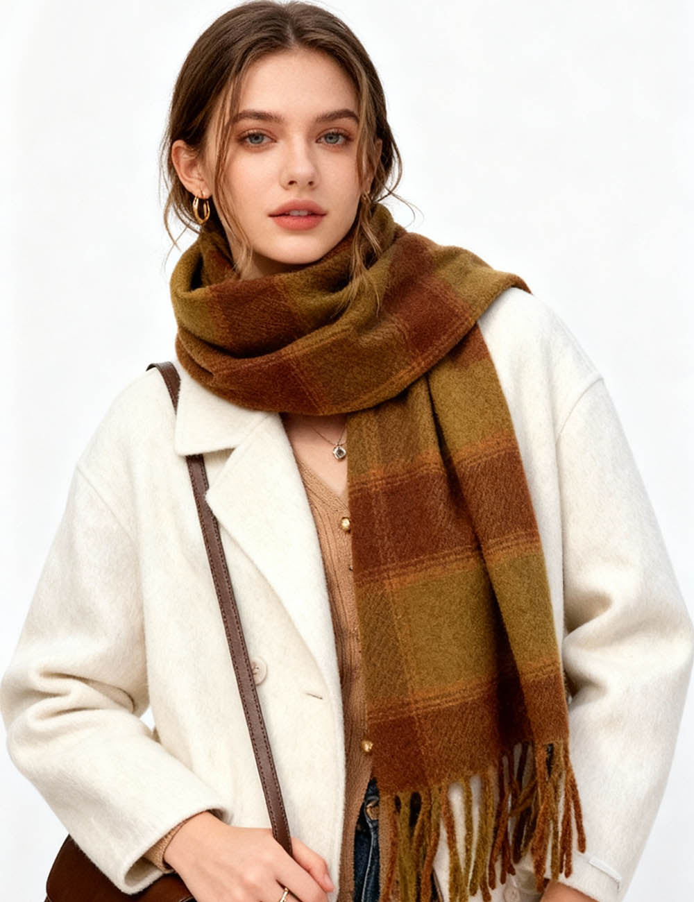 Ladies Color Block Checked Fringe Knit Scarf