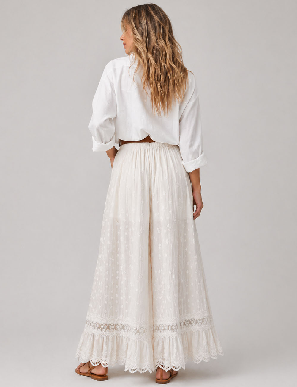 Ladies Floral Embroidery Lace Hem Wide Leg Pants