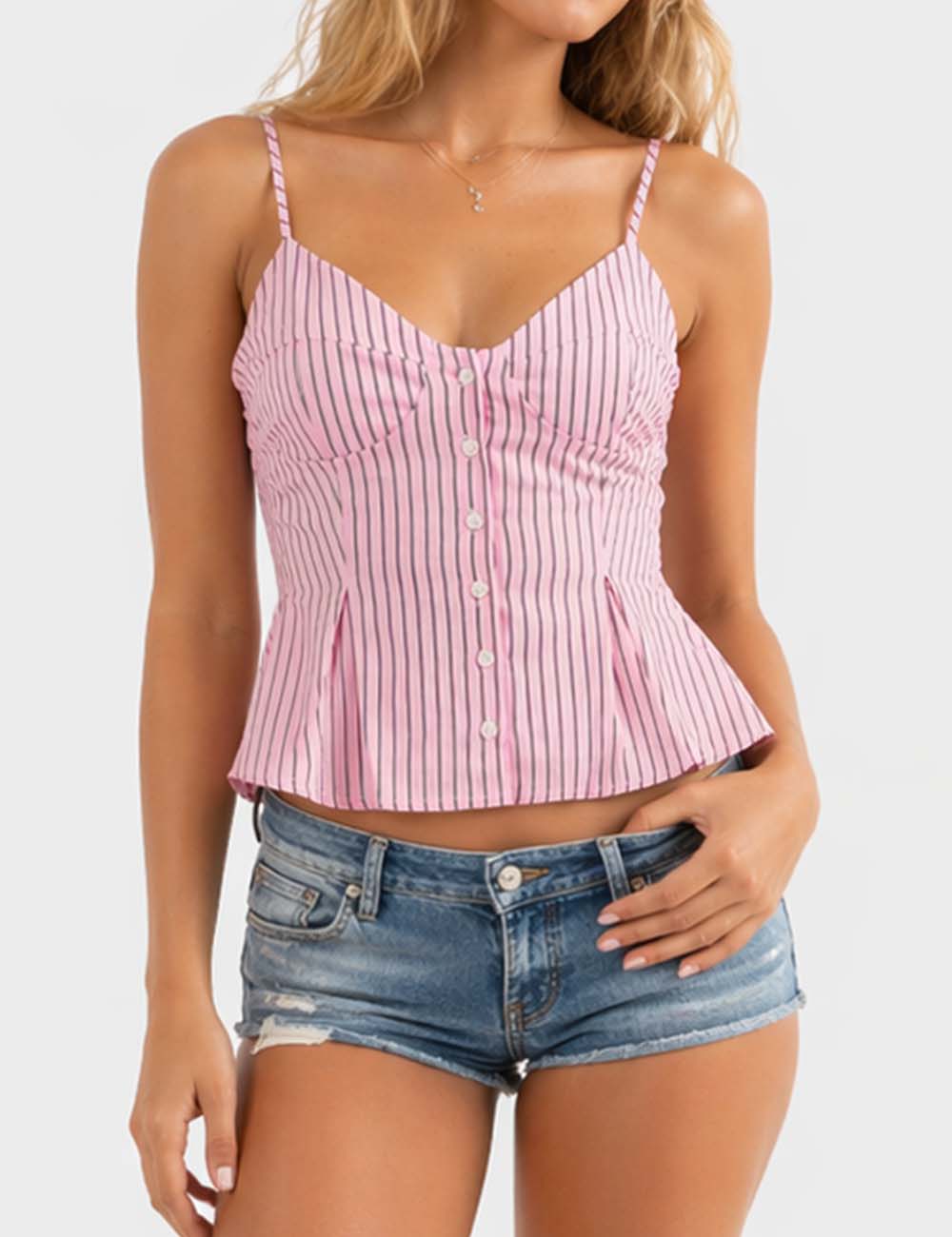 Ladies Chic Striped Spaghetti Strap Button Front Peplum Cami Top