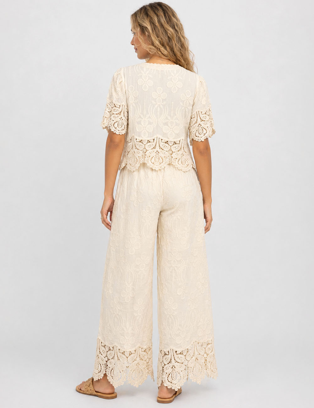 Ladies Crochet Lace Embroidered Button Top & Pants Set
