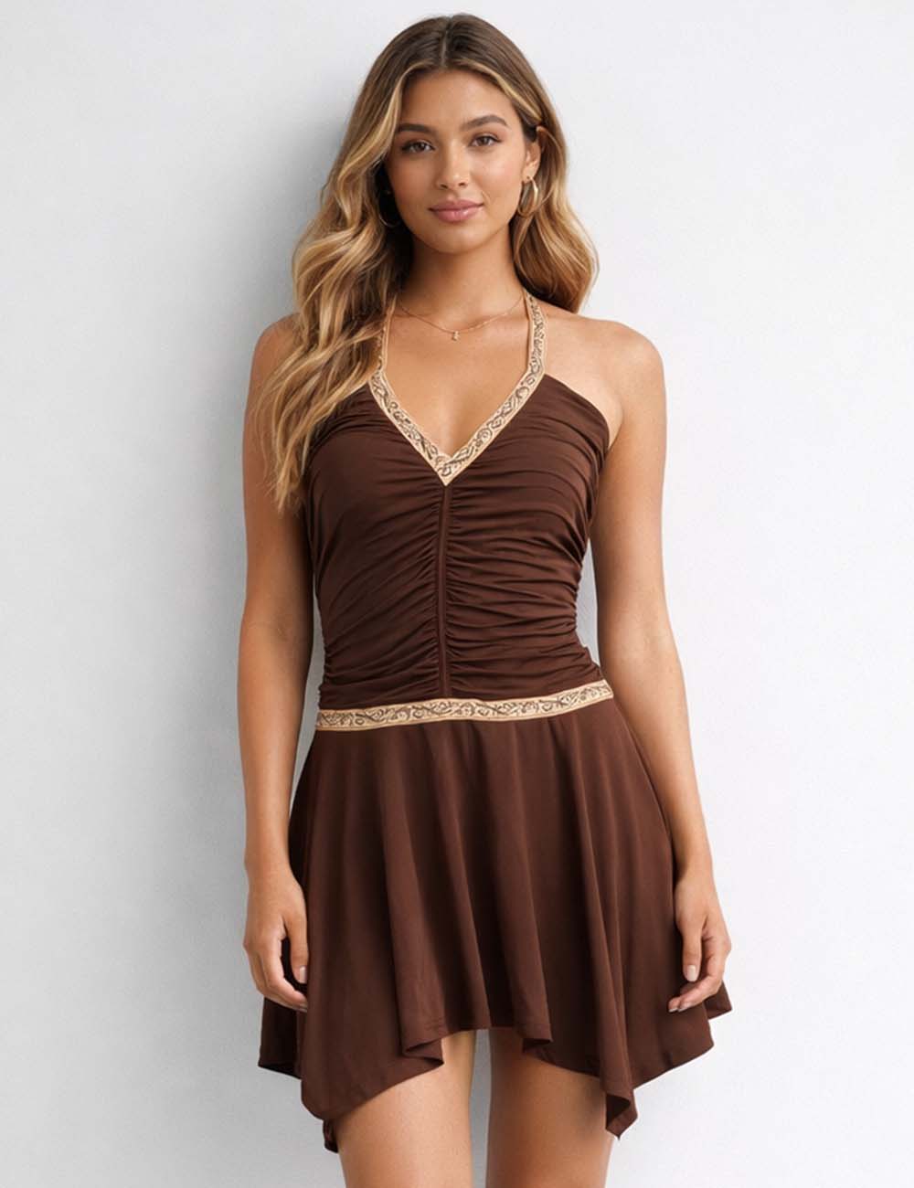 Ladies Halter Neck Ruched Contrast Trim Irregular Mini Dress