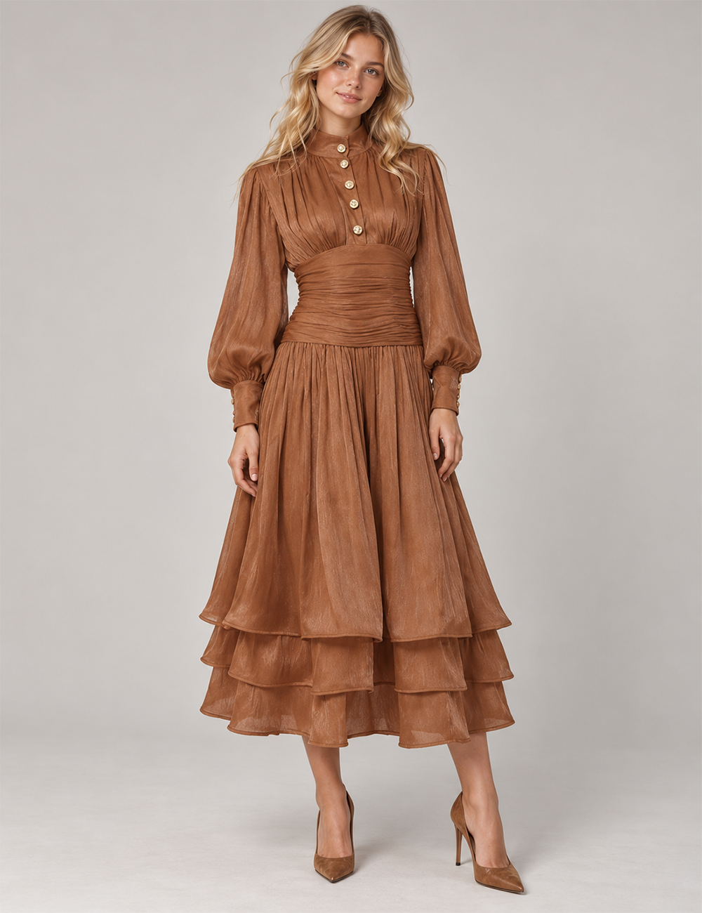 Ladies Puff Sleeves Ruched Button Tiered Midi Dress