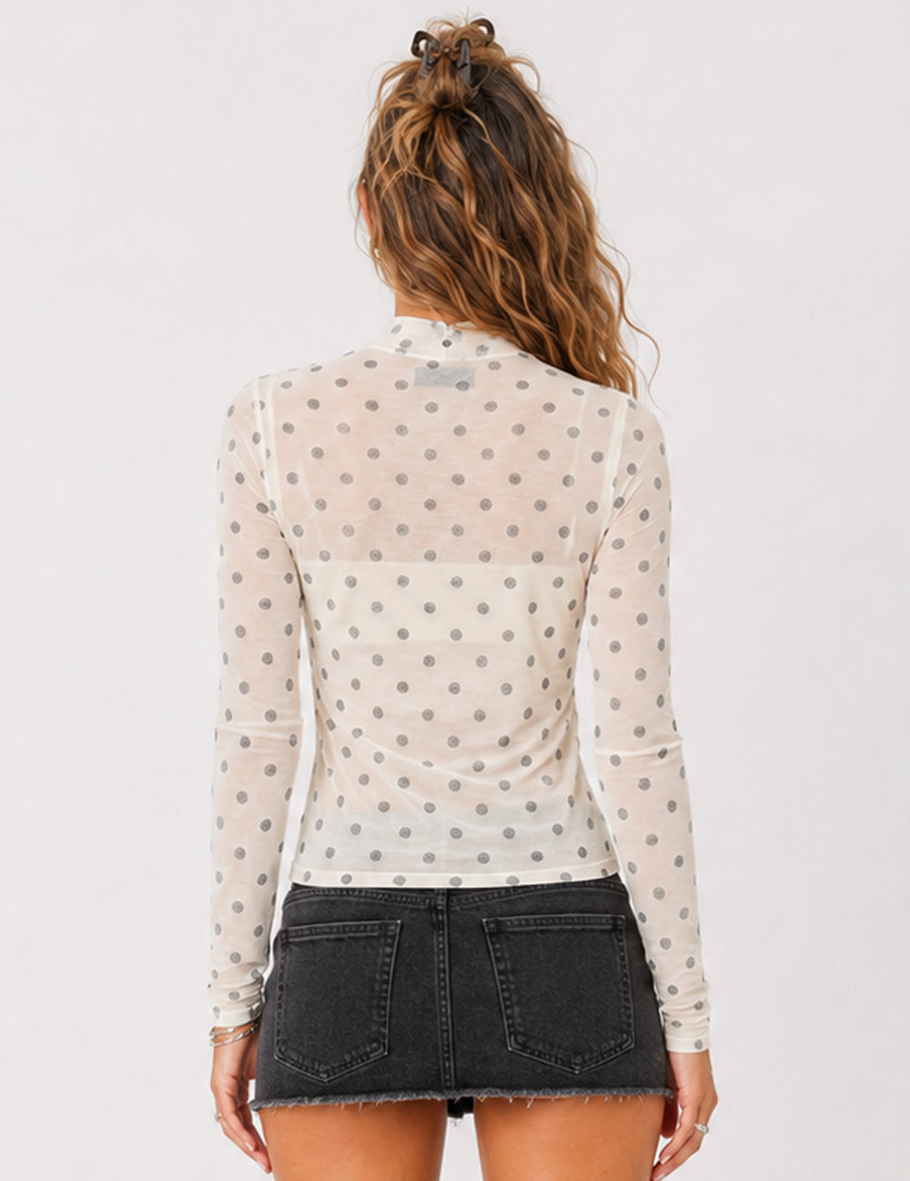 Ladies Heart Print Sheer Mesh Mock Neck Long Sleeves Top