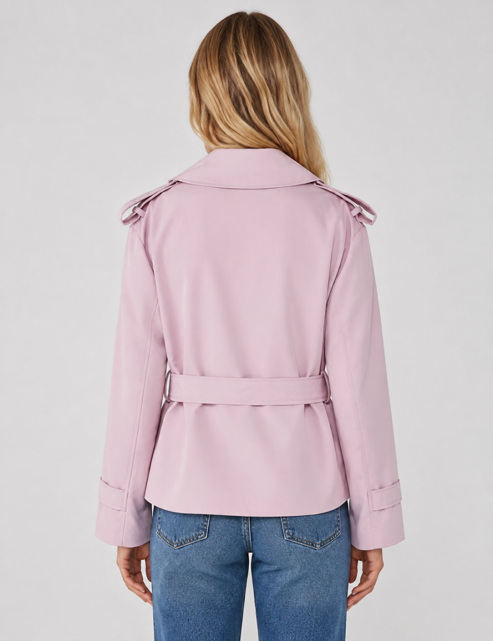 Ladies Lapel Collar Belted Short Trench Coat