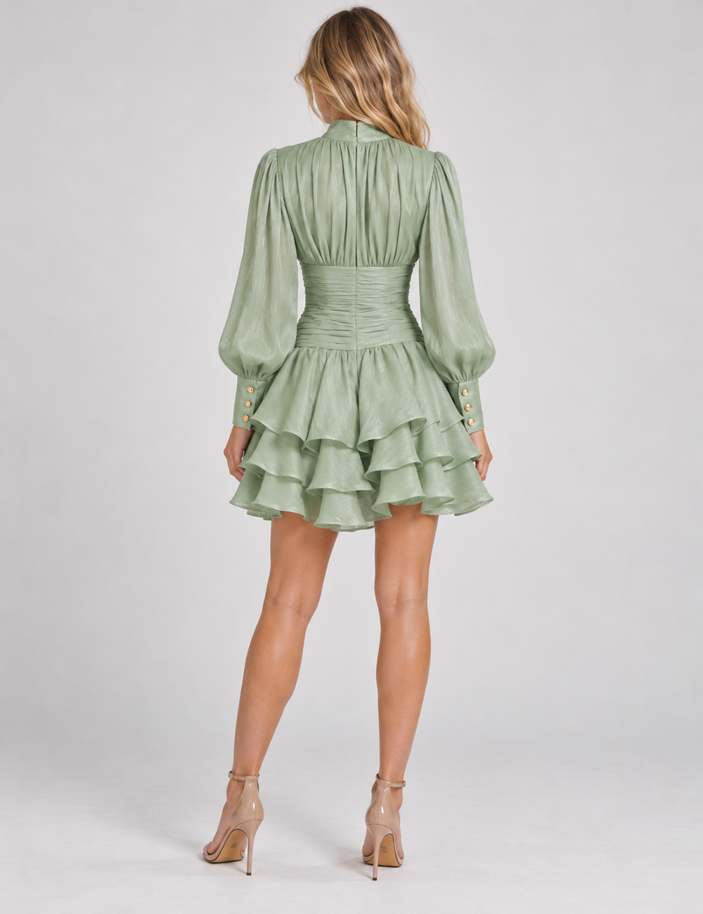 Ladies Puff Sleeve Ruched Waist Tiered Ruffle Mini Dress