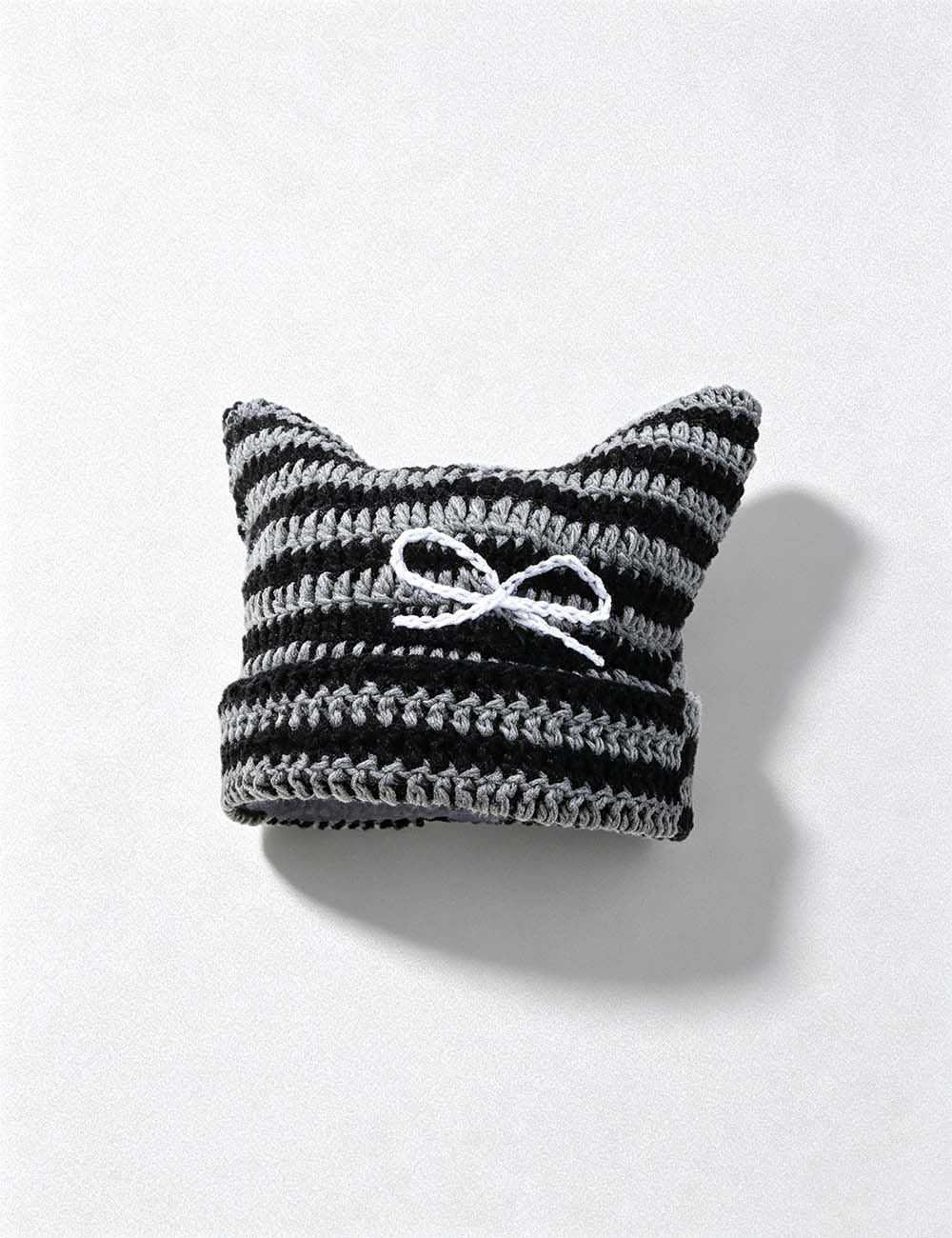 Ladies Cute Bow Striped Crochet Beanie Hat
