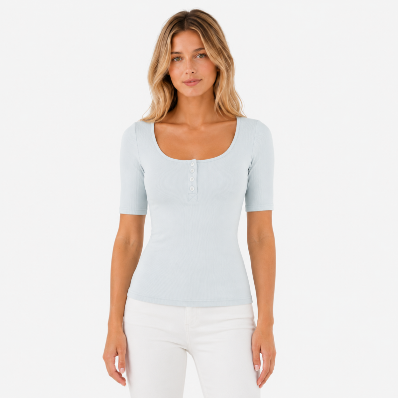 Ladies Scoop Neck Button Short Sleeve Top