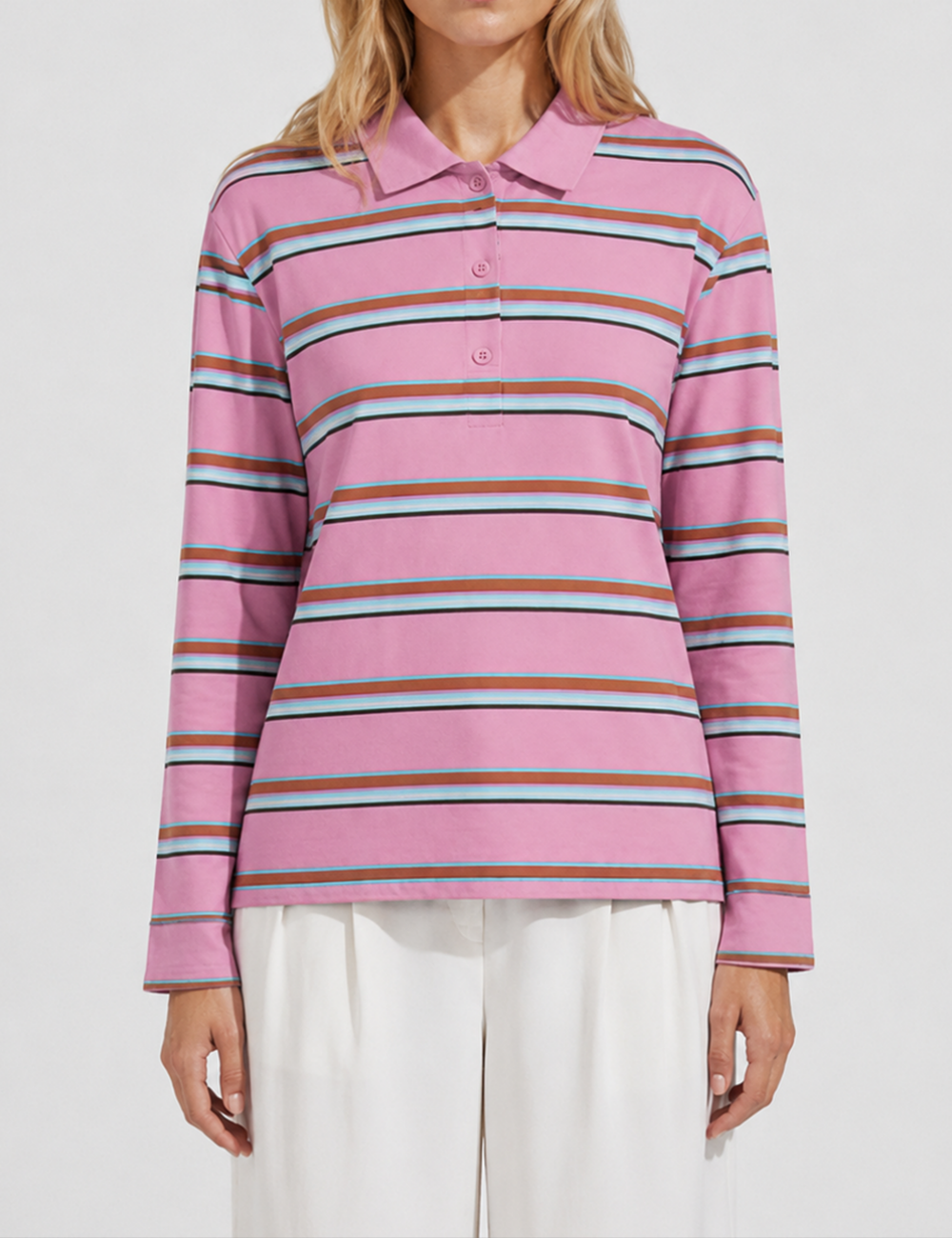 Ladies Casual Striped Polo Collar Long Sleeves Top
