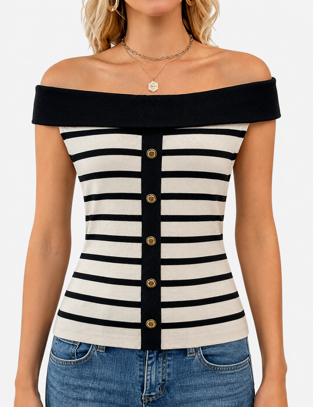 Ladies Off Shoulder Striped Button Detail Knit Top