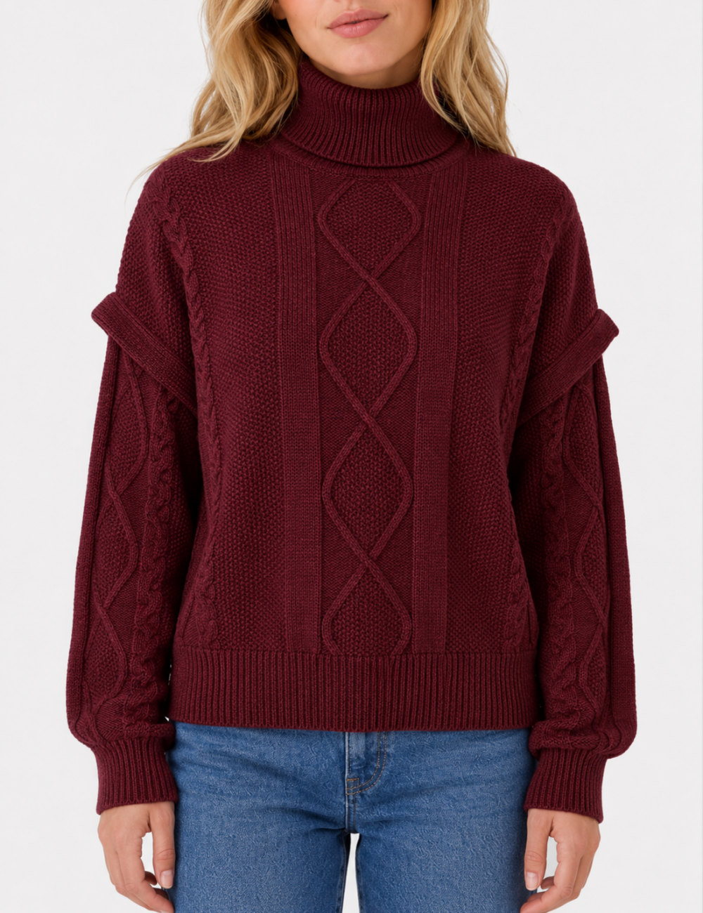 Ladies Turtleneck Cable Knit Drop Shoulder Sweater