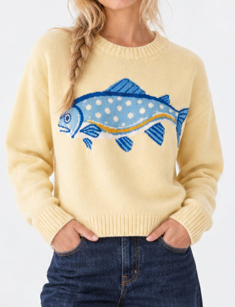 Ladies Fish Jacquard Crew Neck Cropped Knit Sweater