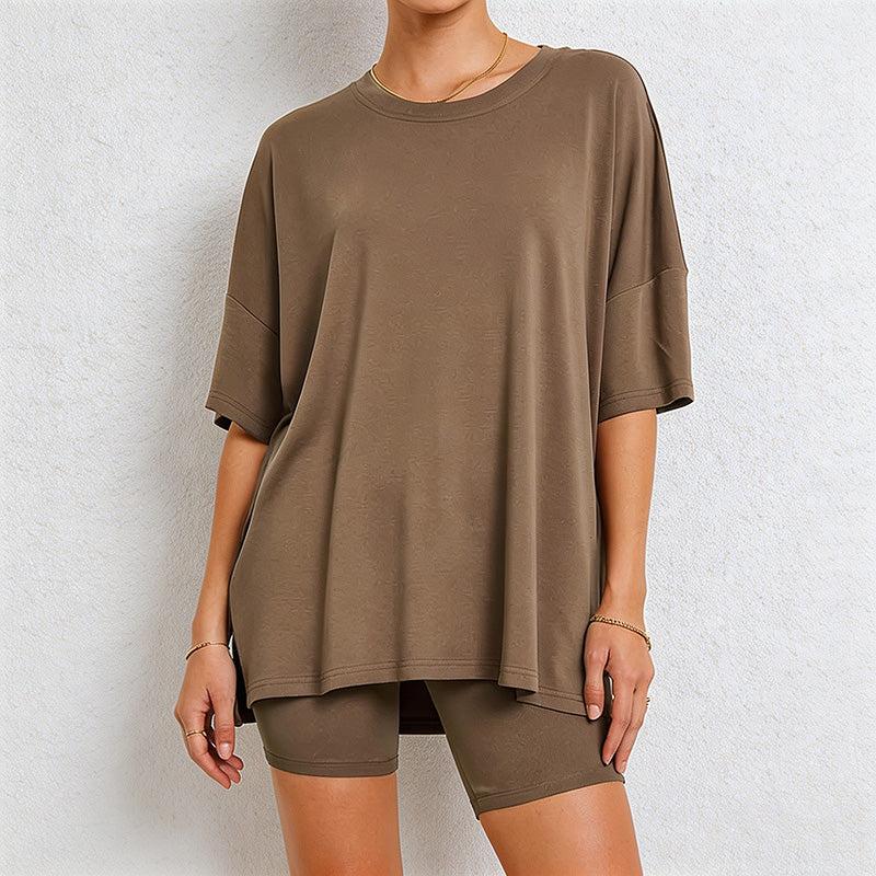 Ladies Solid Loungewear Outfits Loose Top & Slim Shorts Set