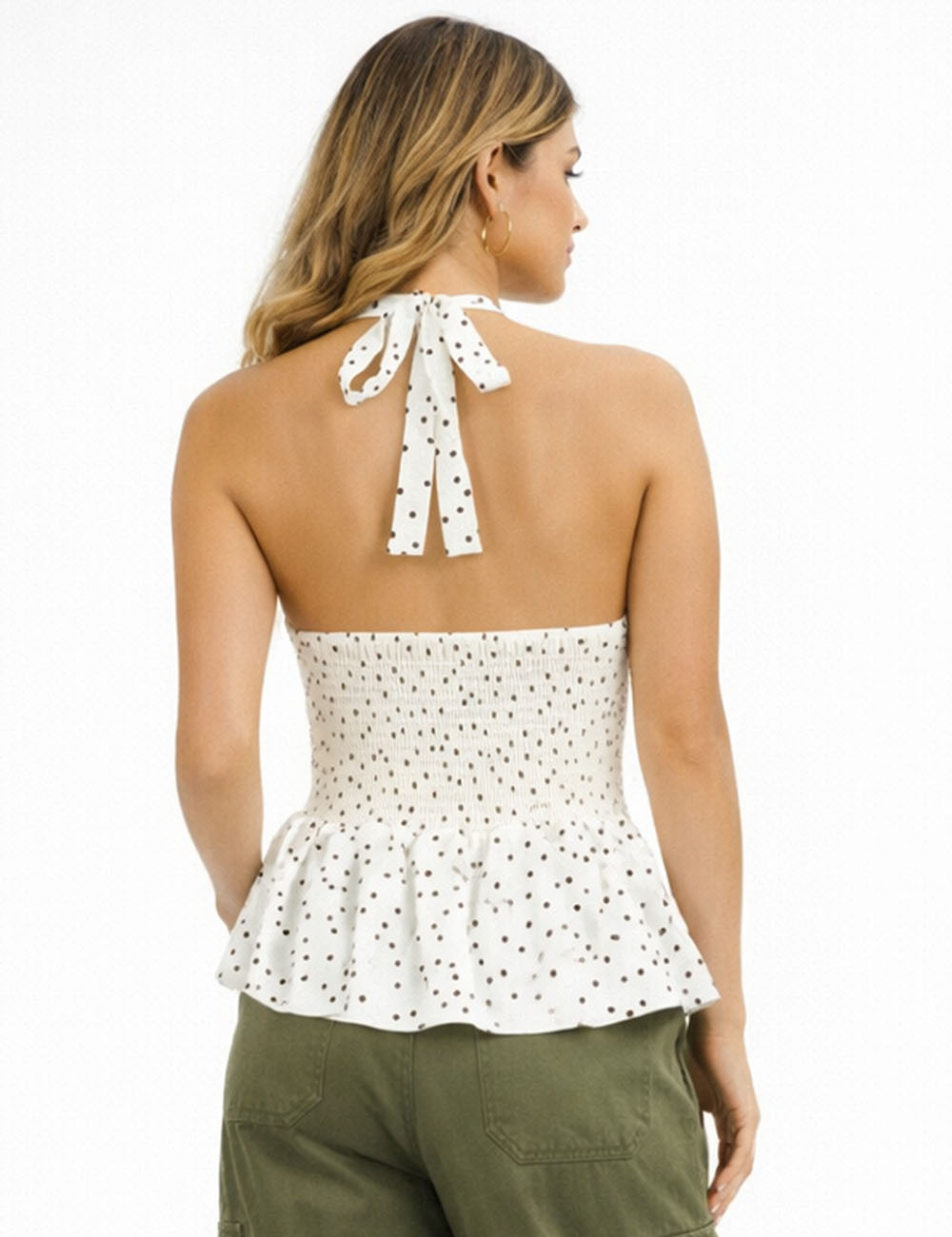 Ladies Polka Dot Halter Ruffle Hem V-Neck Sleeveless Top