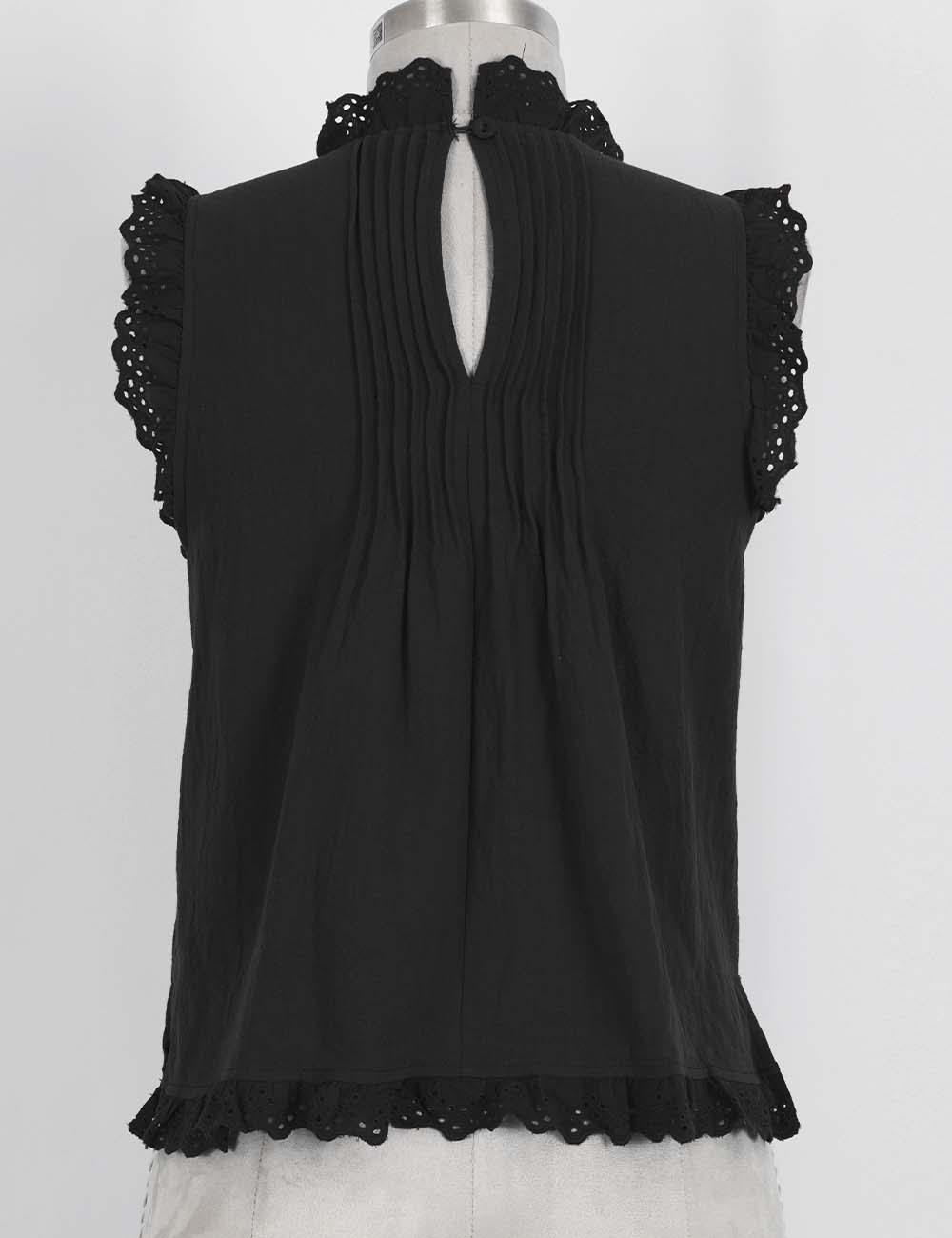 Ladies Boho Eyelet Lace Pleated Round Neck Sleeveless Babydoll Top