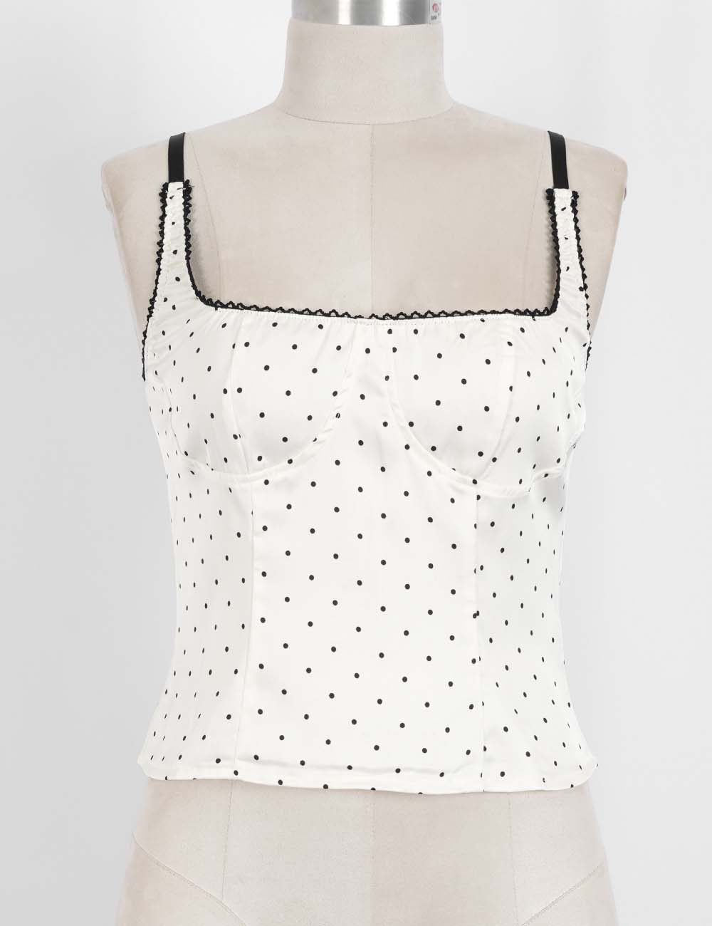 Ladies Chic Polka Dot Lace Trim Corset Square Neck Cami Top