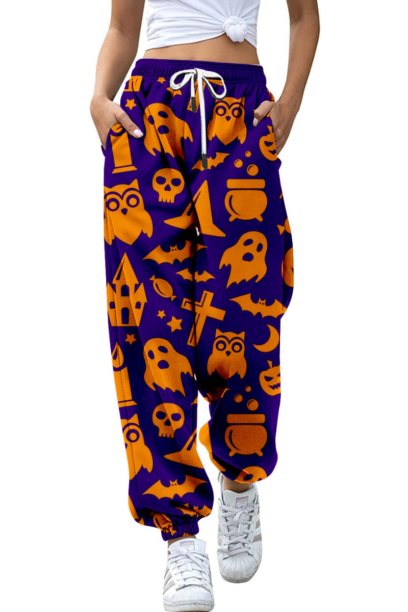 Women Fall Halloween Pumpkin Cat Print Jogger Pants