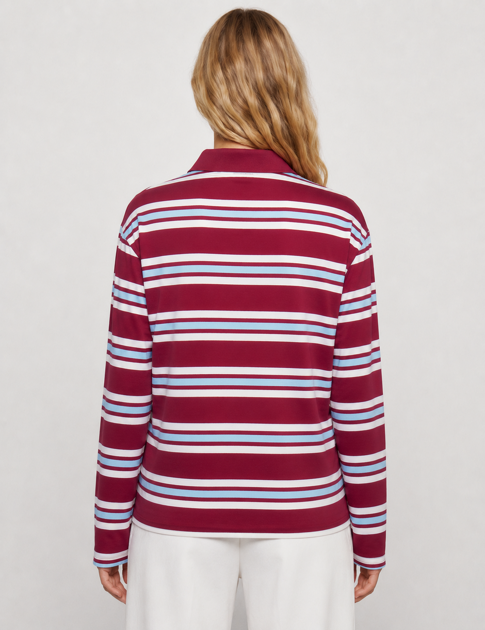 Ladies Casual Striped Polo Collar Long Sleeves Top