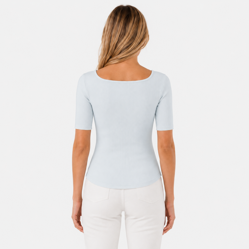 Ladies Scoop Neck Button Short Sleeve Top