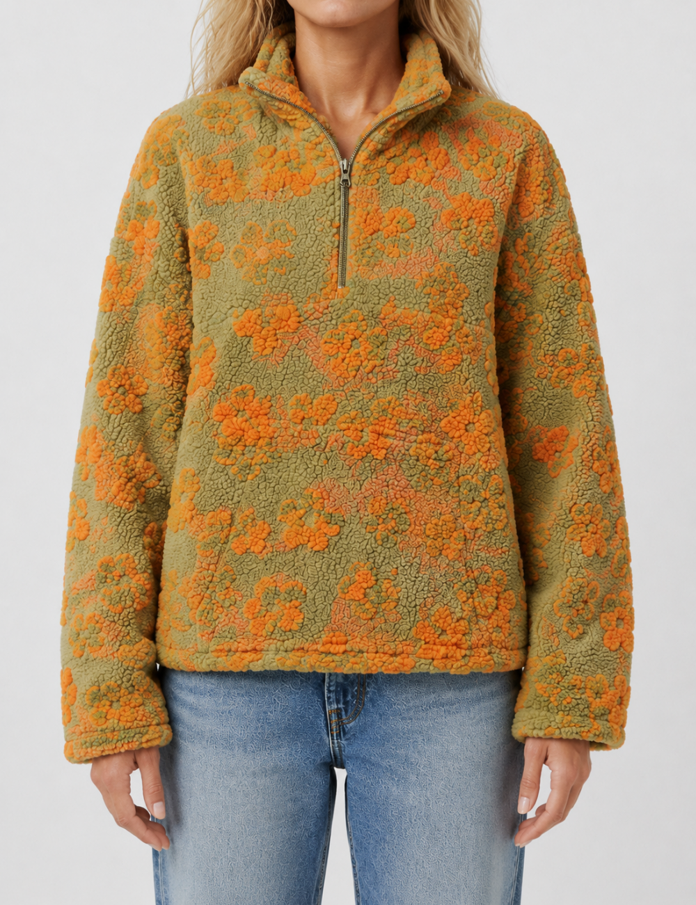 Ladies Casual Floral Pattern Zipper Front Fleece Pullover Sweatshirt