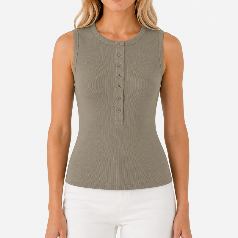Ladies Crew Neck Button Sleeveless Top