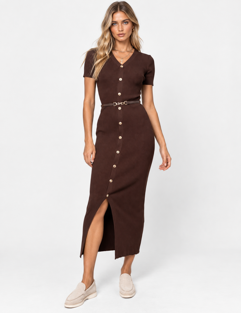 Ladies V-Neck Button Front Ribbed Knit Bodycon Midi Dress