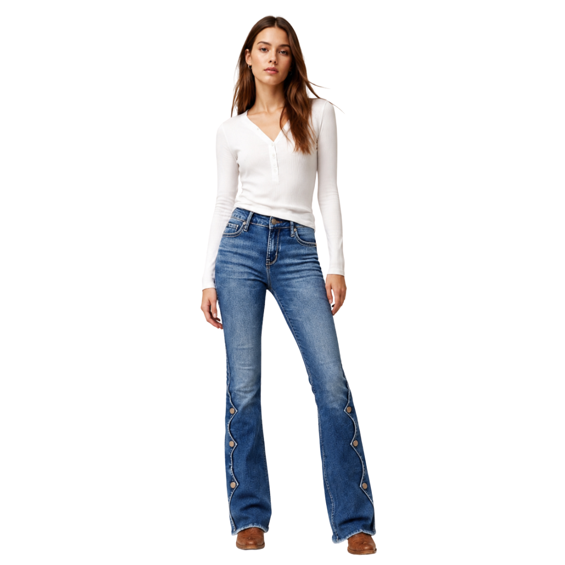 Women's High Waist Flare Jeans with Side Button Details