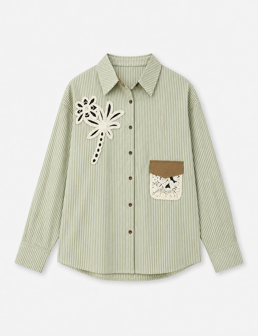 Ladies Striped Embroidery Floral Pocket Button-Down Shirt