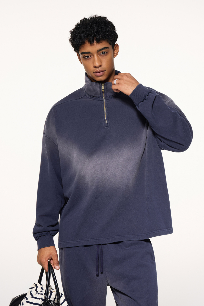 Men's Fall Clothing 465g Mock Neck Patch Raw Sweatshirt