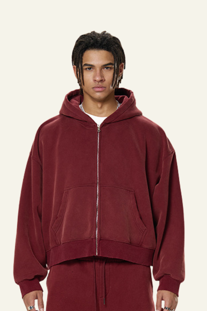 Men's Heavyweight Washed Full Zipper Hooded Jacket