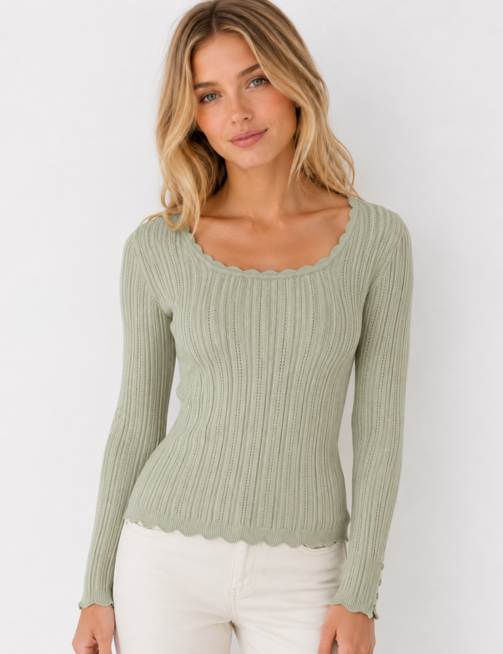 Ladies Ribbed Scoop Neck Long Sleeve Top