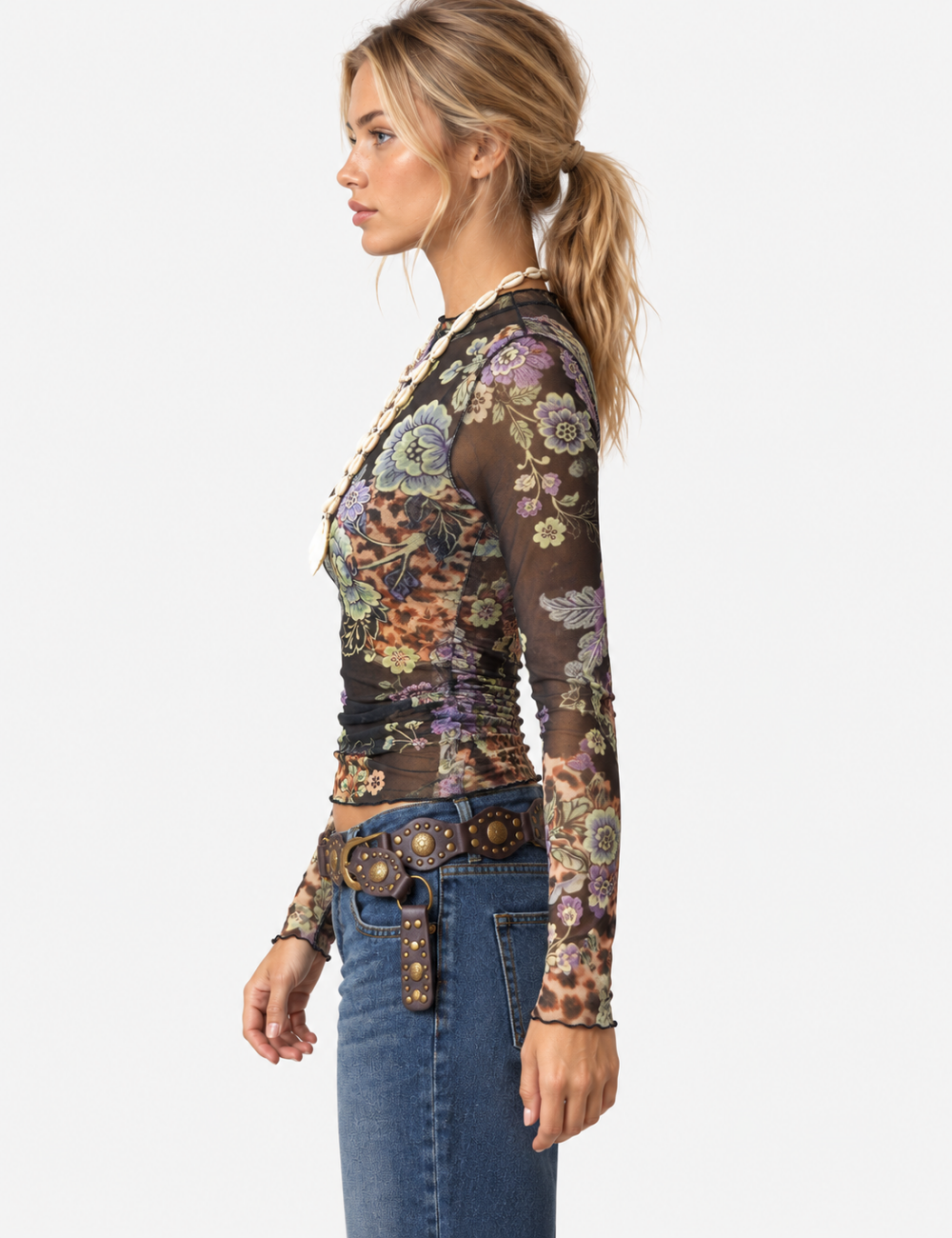 Ladies Floral Leopard Mesh Lettuce Edge Mock Neck Top