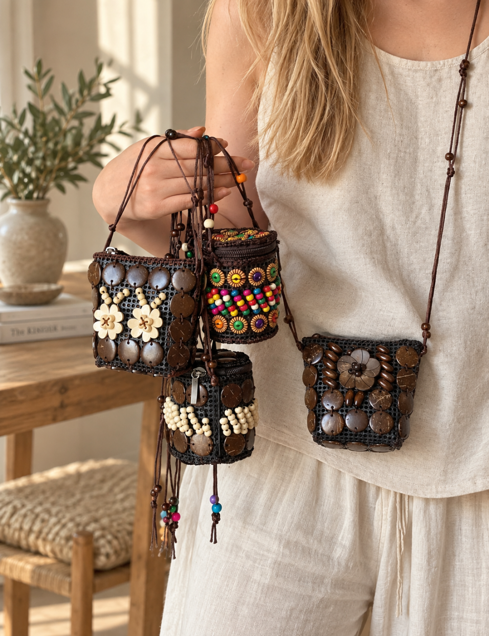 Ladies Boho Vacation Coconut Shell Beaded Shoulder Bag