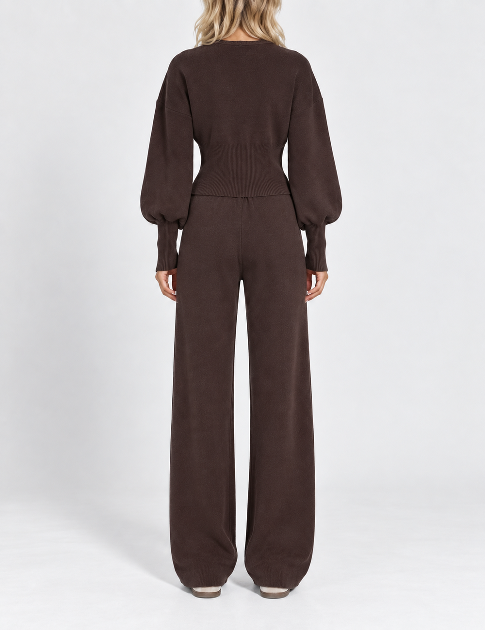 Ladies Zip-Up Solid Color Knit Top & Pants 2PCS Set