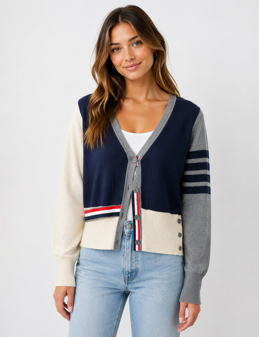 Splice V-Neck Single-Breasted Women Knit Cardigan