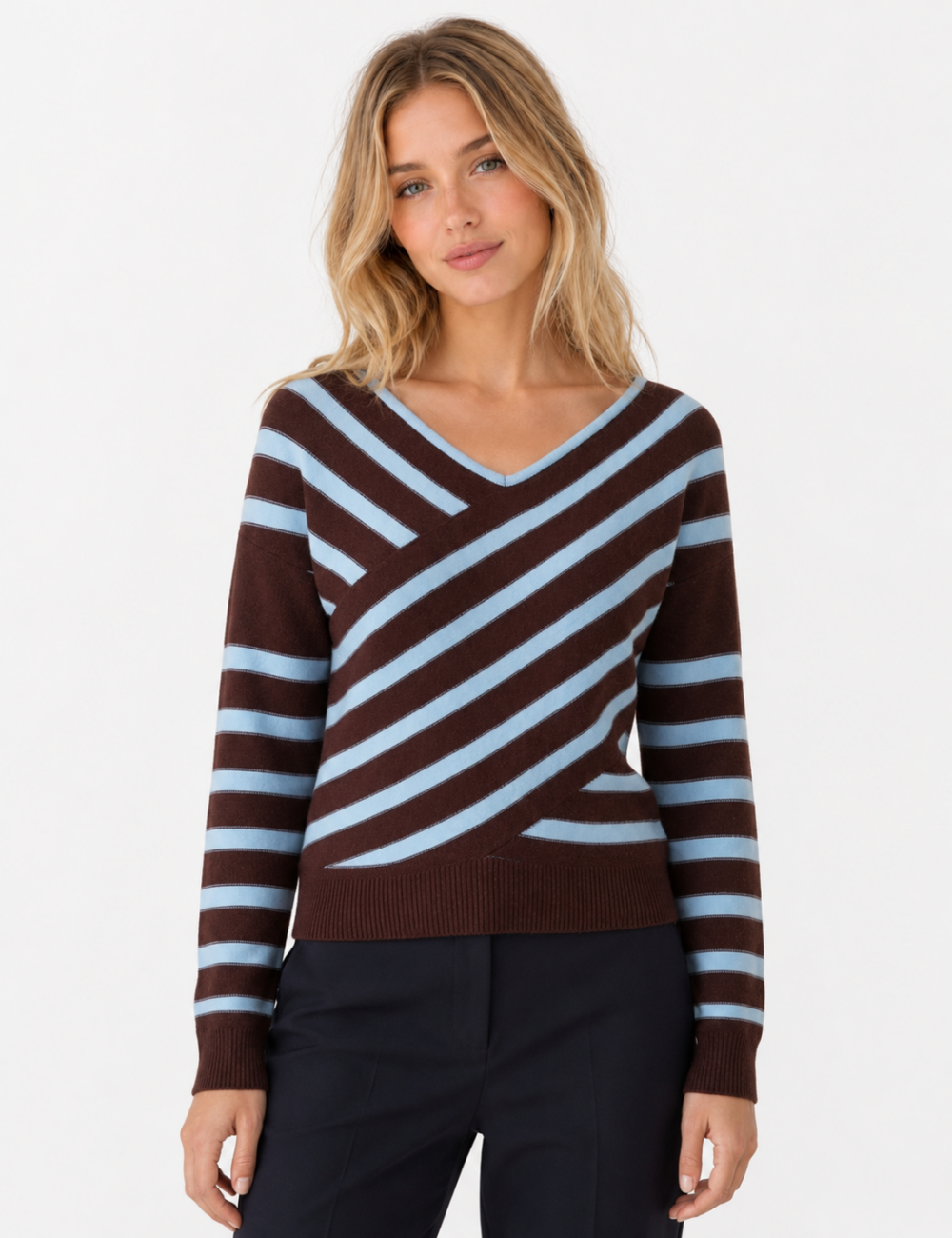 Ladies V Neck Striped Off Shoulder Long Sleeve Sweater
