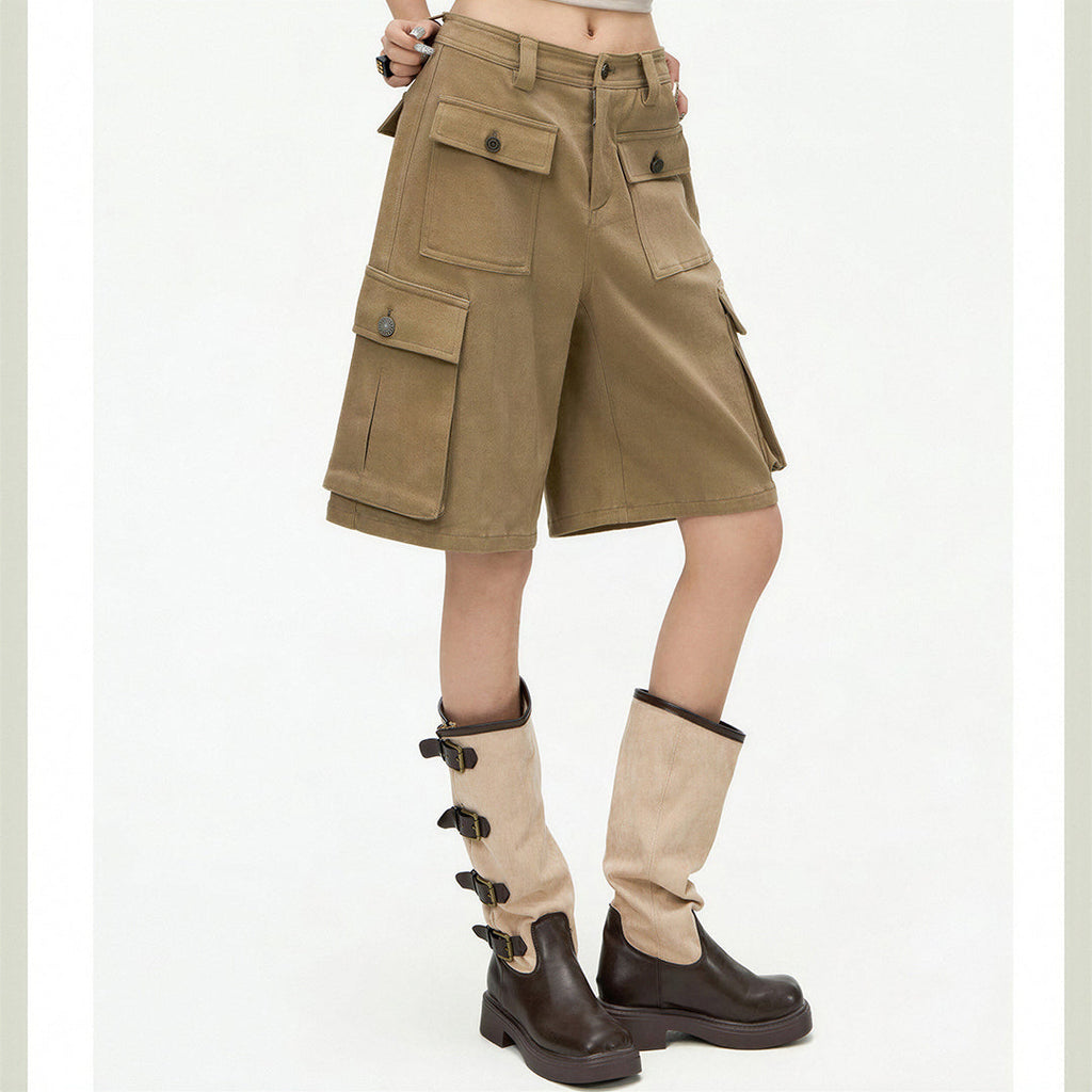 Women's Summer Khaki Multi-Pocket Cargo Denim Shorts