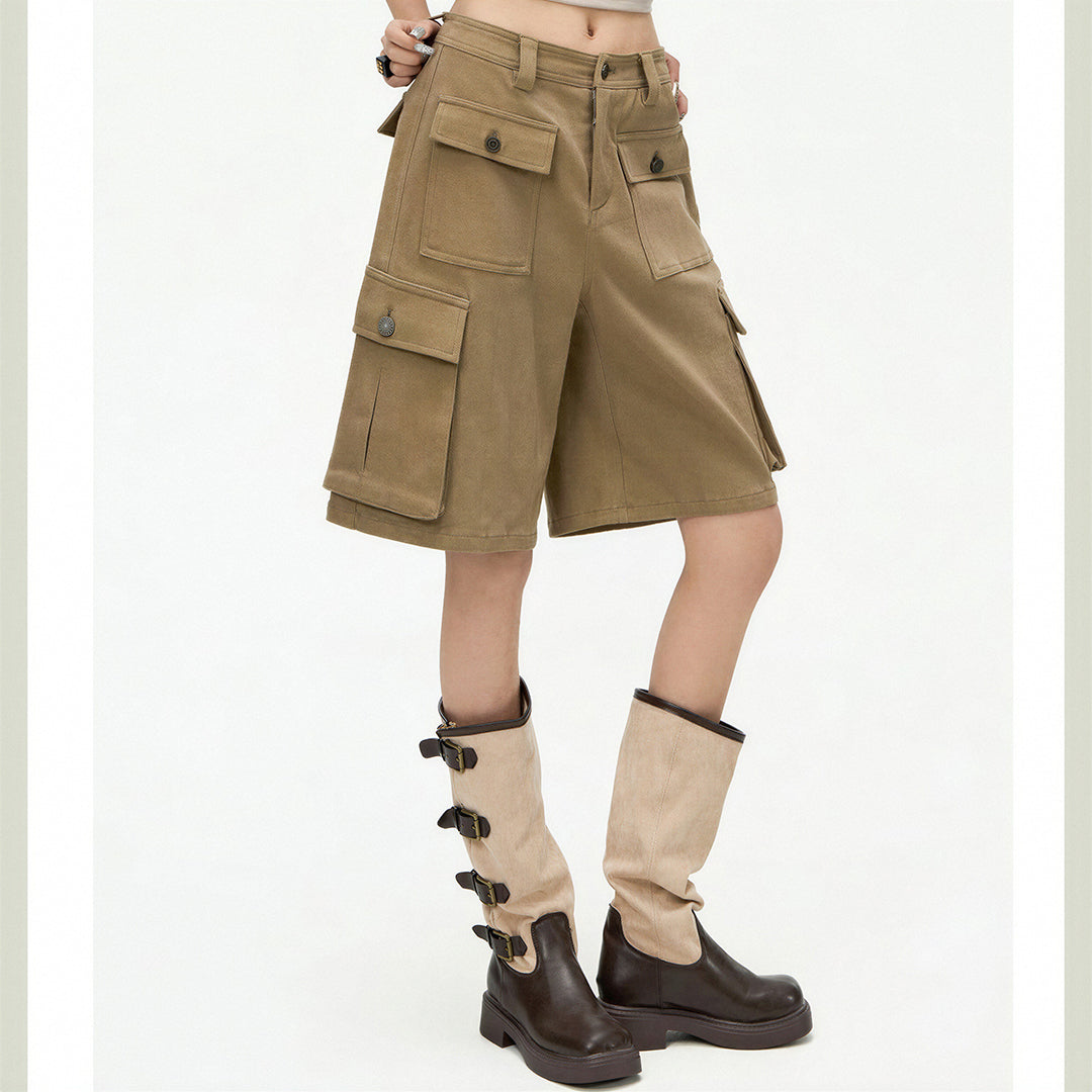 Women's Summer Khaki Multi-Pocket Cargo Denim Shorts