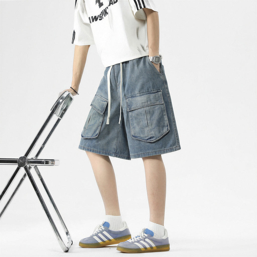 Men's Summer Light Wash Multi-Pocket Cargo Denim Shorts