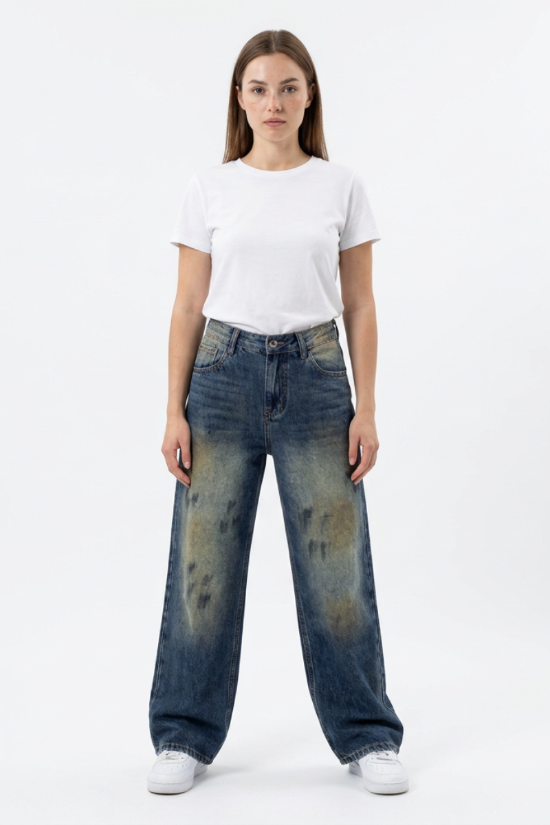 Women's Vintage Wash High Waist Straight Wide Leg Jeans