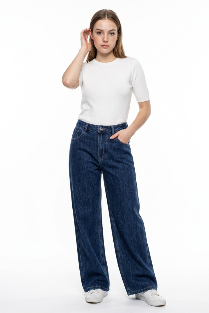 Women's Navy Blue Wash High Waist Straight Leg Jeans